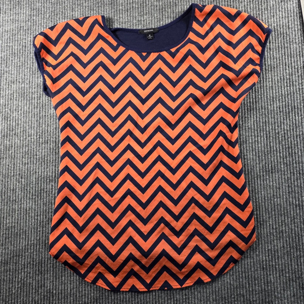 Espresso Womens Orange Navy Blue Chevron Zig Zag Cap Sleeve Blouse Top Size M